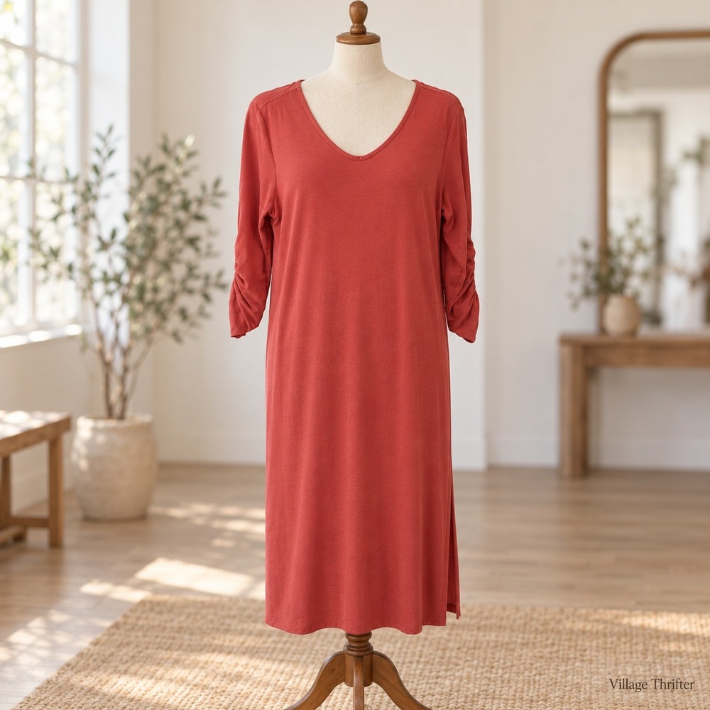 Garnet Hill Dress Womens M Rust Red Tencel Lyocell V-Neck Ruched Sleeve Casual
